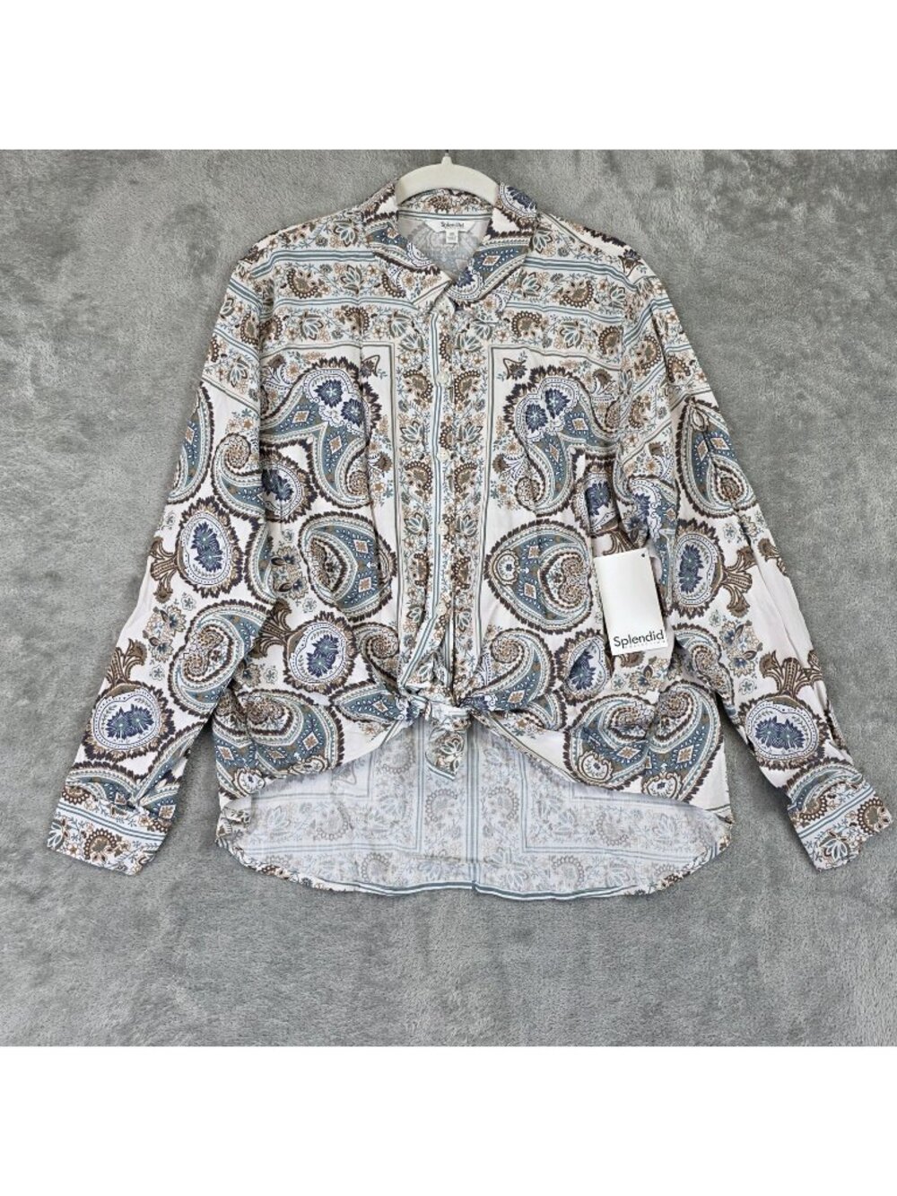 Splendid Button Up Shirt Womens XS White Paisley Tie Front Tunic Top Boho